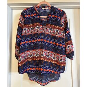 Pink Rose Womens Blue Orange‎ Floral Top Large 3/4 Sleeve Boho Paisley Vibrant